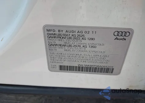 2011 Audi Q5 3.2 Premium Plus from USA, damaged, VIN WA1WKBFP9BA084203
